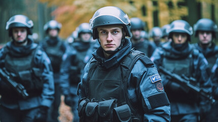 police officers in full gear and uniform with safety protective gear and bulletproof vests in a team and squad than a dozen police officers, in a wooded area