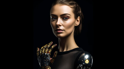 young adult woman with technology body parts as cyborg as transhumanism, robot with artificial intelligence