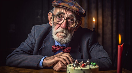 a sad or depressed or angry grandpa, old man on birthday, on a chair at a table with a birthday cake
