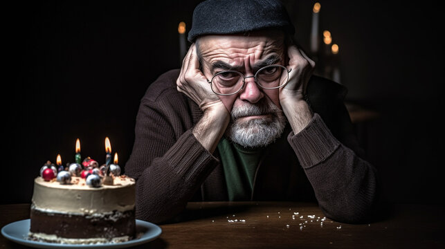 a sad or depressed or angry grandpa, old man on birthday, on a chair at a table with a birthday cake