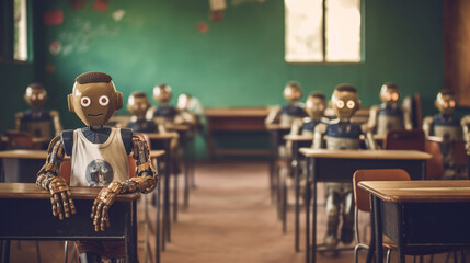 a classroom in an elementary school is full of robots, humanoid android robots with artificial intelligence, tables and chairs in old vintage retro classroom with students
