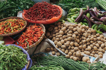 Chilies, potatoes, long beans, chickpeas, eggplants and other vegetables sold in traditional market