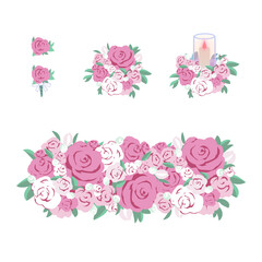 ピンク色のウエディングブーケセット（ブーケ、ブートニア、テーブル装花、メインテーブル装花）