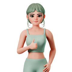 Sport Girl Character Showing Thumbs up gesture with left hand, 3D Character Render Illustration