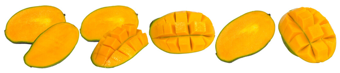 Set of sliced fresh juicy mango collection cut out isolated, yellow organic exotic healthy fruit, ready to eat