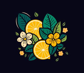 lemons, flowers and leaves