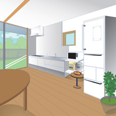 大きな窓のあるダイニングキッチンのベクターイラスト
