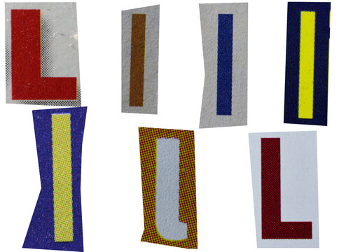 Letter l magazine cut out font, ransom letter, isolated collage elements for text alphabet, ransom note