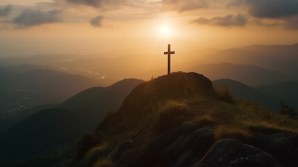 crucifixo em alto da montanha em lindo por do sol, jesus cristo vivo 