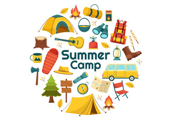 Summer Camp Vector Illustration of Camping and Traveling on Holiday with Equipment such as Tent, Backpack and Others in Flat Cartoon Templates