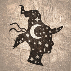 Silhouette of beautiful witch girl in pointy hat filled with crescent moon and stars in profile