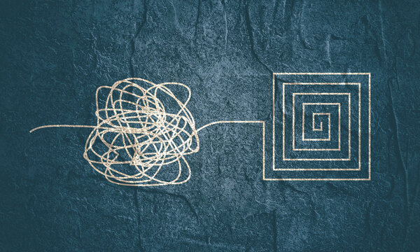 Personal growth and development. Coaching, training, brainstorm animation. Unraveling tangled tangle. Psychotherapy concept. Metaphor of problem solving, chaos and mess, difficult situation.