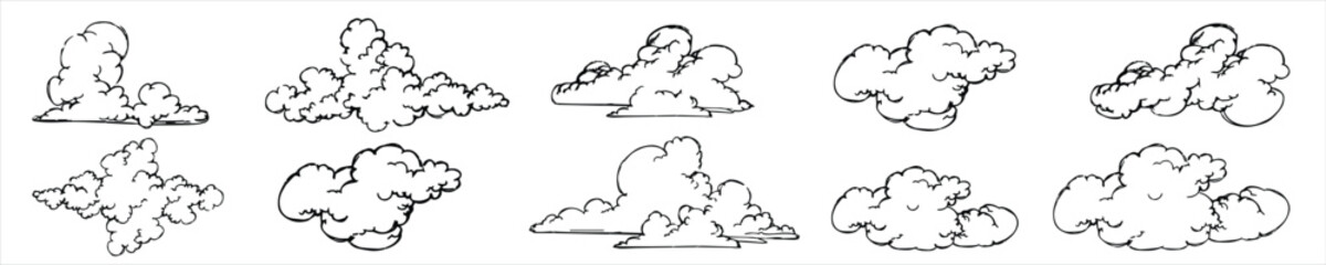 Vector illustration of cartoon style clouds on white background.