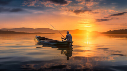 fishing on a lake at sunrise.Generative Ai - obrazy, fototapety, plakaty