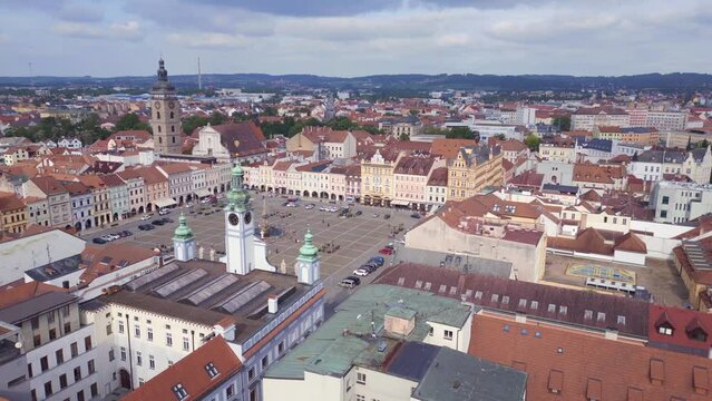 Overflight medieval city walls by river. Breathtaking aerial top view flight 
Budweis Budejovice old town in Czech Republic, summer of 2023. speed ramp Hyperlapse motionlapse timelapse
4K uhd footage.