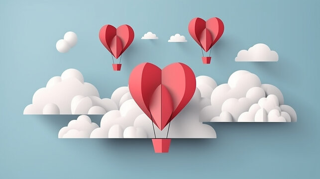 ilustração de amor e dia dos namorados com balão de coração, presente e nuvens. Estilo de corte de papel. ilustração vetorial