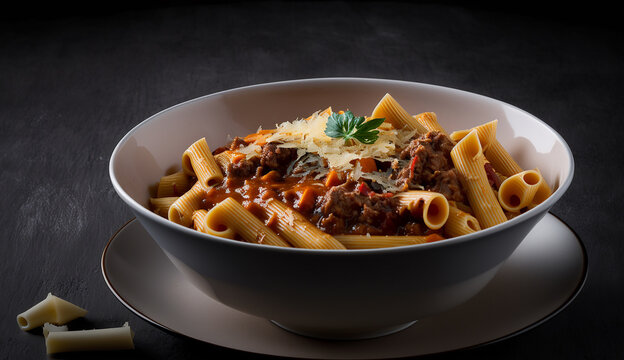 prato de macarronada com carne delicioso 