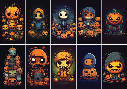 Set of illustrations halloween pumpkins character