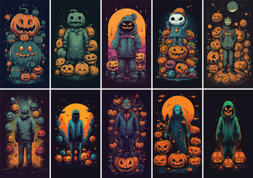 Set of illustrations halloween pumpkins character