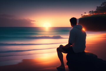Fototapeta premium silhouette of a person sitting on the beach at sunset