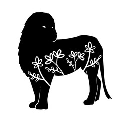 lion. Vector animal with floral element. Illustration. Animal silhouette. Black isolated silhouette