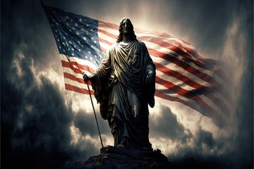 Jesus with American flag in background with cloudscape