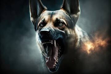 Angry dog portrait with fire and smoke background. Realistic portrait. Close up.