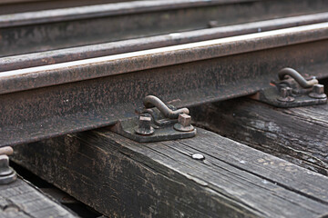 Railroad pegs on wooden sleepers, photo sideways.