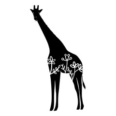 Giraffe. Vector animal with floral element. Illustration. Animal silhouette. Black isolated silhouette