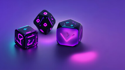 Glowing black dice on purple background - obrazy, fototapety, plakaty