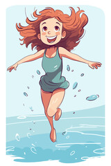 Vector Illustration, Girl Running on the Water, Full Body