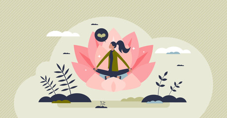 Fototapeta na wymiar Meditation process with calm and relaxing mental practice tiny person concept. Mind and body harmony with peace balance vector illustration. Breathing technique for mindfulness or self awareness yoga