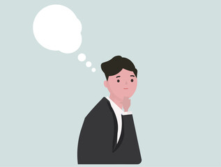 吹き出しを浮かべて考えるビジネスマン。イメージ、想像。ベクターイラスト