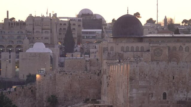 Ancient Jerusalem Wall And Al Aqsa Mosque At Sunset - wide