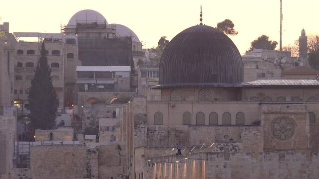 Islamic Site Of Al-Aqsa Mosque During Daytime In The Old City Of Jerusalem In Palestine. aerial, zoom-out