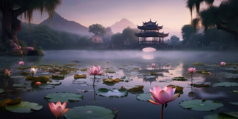 Early morning at the lake with pink lotuses in the Chinese Botanical Garden. AI generation