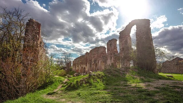 Timelapse of Dobele Castle Ruins and clouds, Latvia