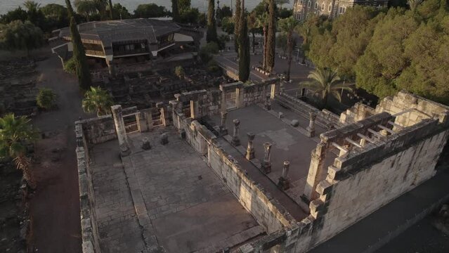 Aerial Israel. Capernaum Ancient Synagogue, Peter House Excavations Galilee Sea