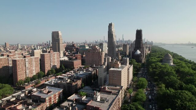 Morningside Heights and Upper West Side, NYC. 4K drone shot with Columbia University, Riverside Cathedral and Grant's Tomb.