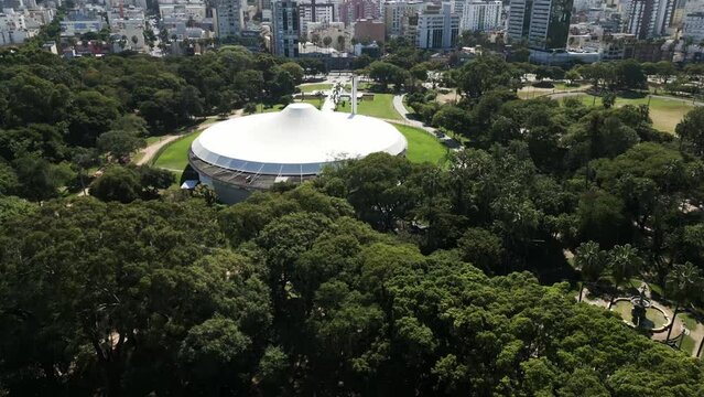 Aerial Drone Fly Above Parque da Reden&ccedil;&atilde;o Porto Alegre Araujo Vianna Auditorium in Daylight, Brazilian Farroupilha Park