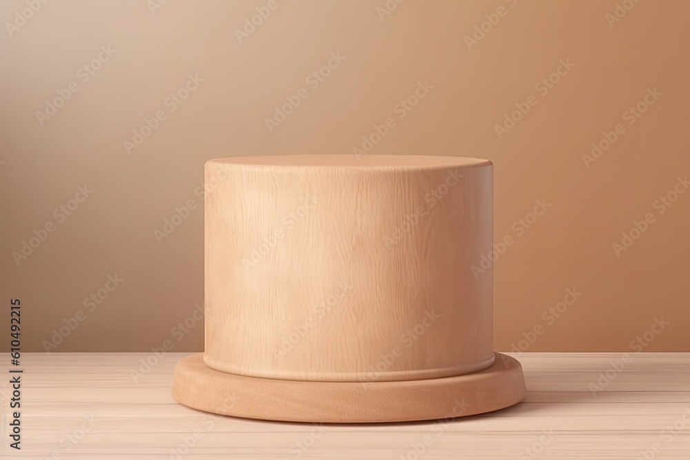 Poster wooden object on a wooden table in a minimalist setting generative ai