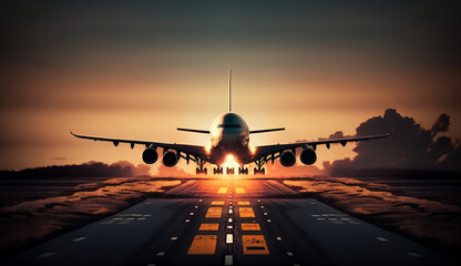 Fototapeta na wymiar airplane landing on airport runway, illustration, Generative AI