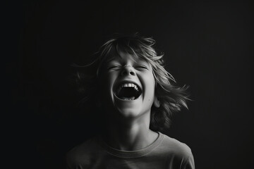 A boy laughing in dark background. Generative AI