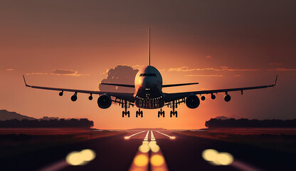 Fototapeta na wymiar airplane landing on airport runway, illustration, Generative AI
