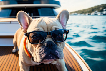 Obraz na płótnie Canvas Digital photo of a cute French bulldog lies on the deck of a luxury yacht on a sunny day. Wildlife imagery, the concept of ecological environment. Generative AI