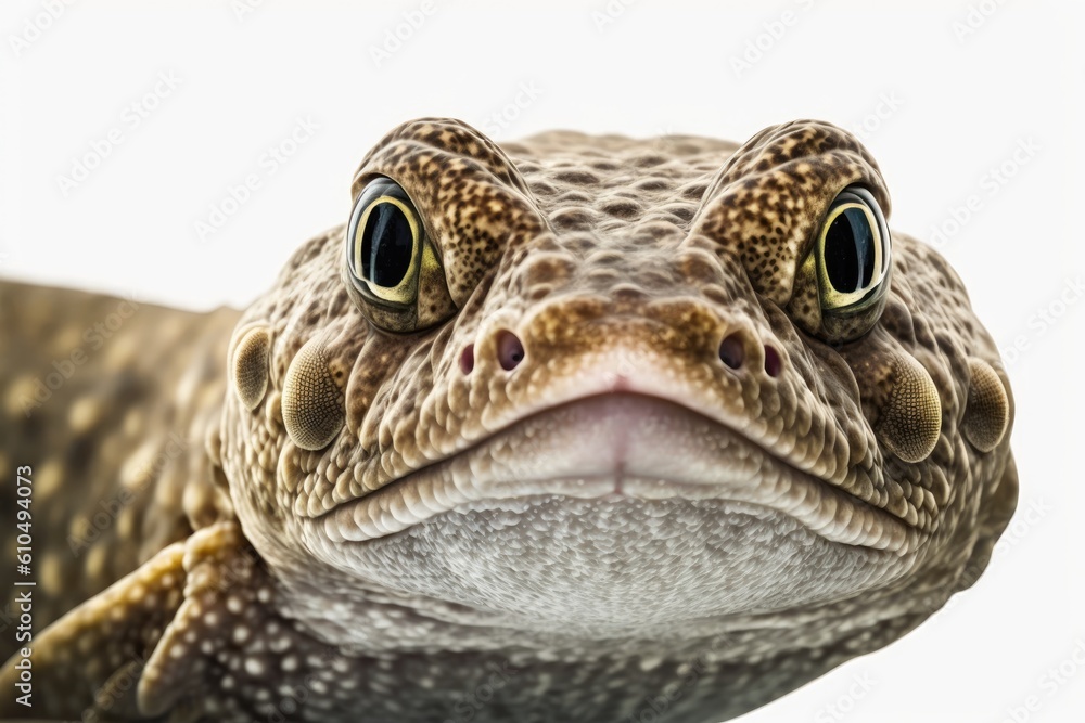 Poster close-up of a lizards face on a white background generative ai
