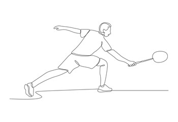 Continuous line drawing of young man playing badminton vector illustration. Premium vector. 
