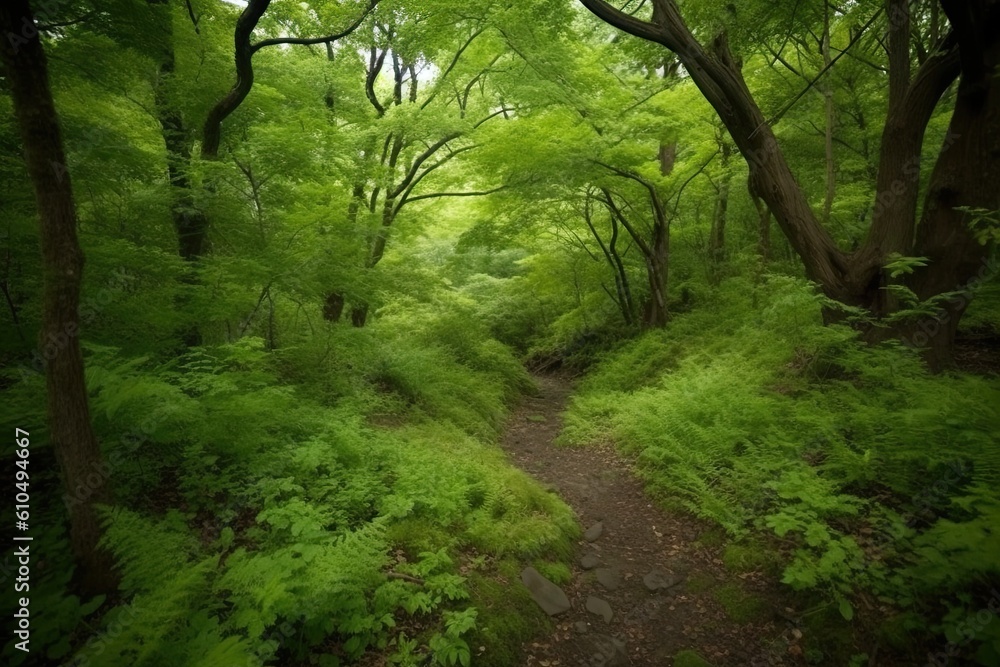 Poster serene forest pathway surrounded by lush green trees generative ai