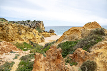 Fototapeta na wymiar Rocky beach with a sandy coast by the ocean
