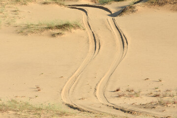 The road through the desert. Tracks from a car on the sand.